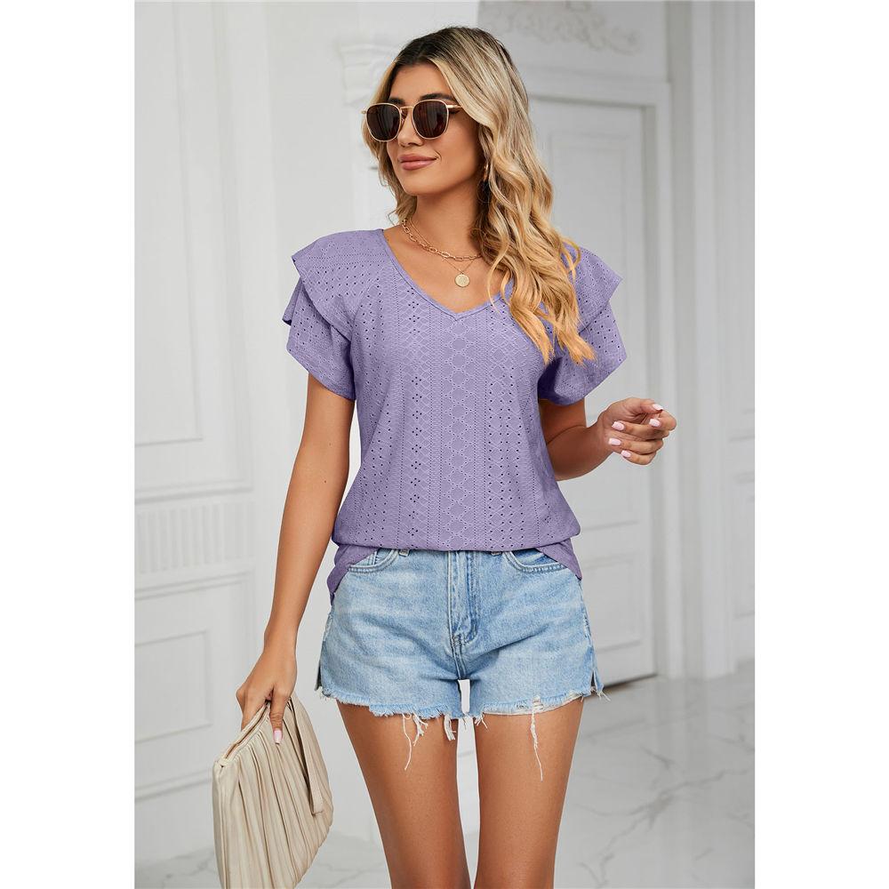 Womens Summer Eyelet Tops V Neck Double Ruffle Sleeve Casual Blouse Shirts Loose Fit Tops