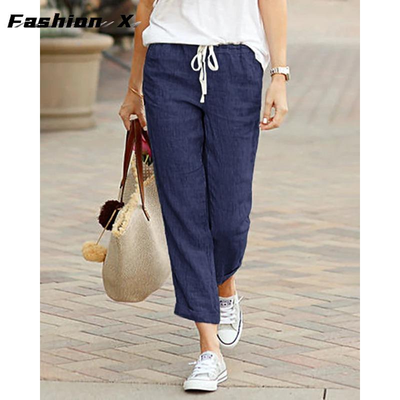 Fashion Women's Pants Cotton Linen Pants Drawstring Loose Large Size Pants Ladies Black Bottom Pants 695