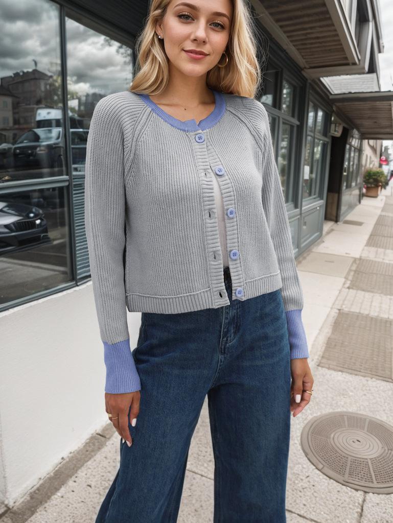 Ribbed Sweater Coat Women Color Block Knitted Cardigan Sweater Button-Up Round Neck Long Sleeve Casual Knitting Tops
