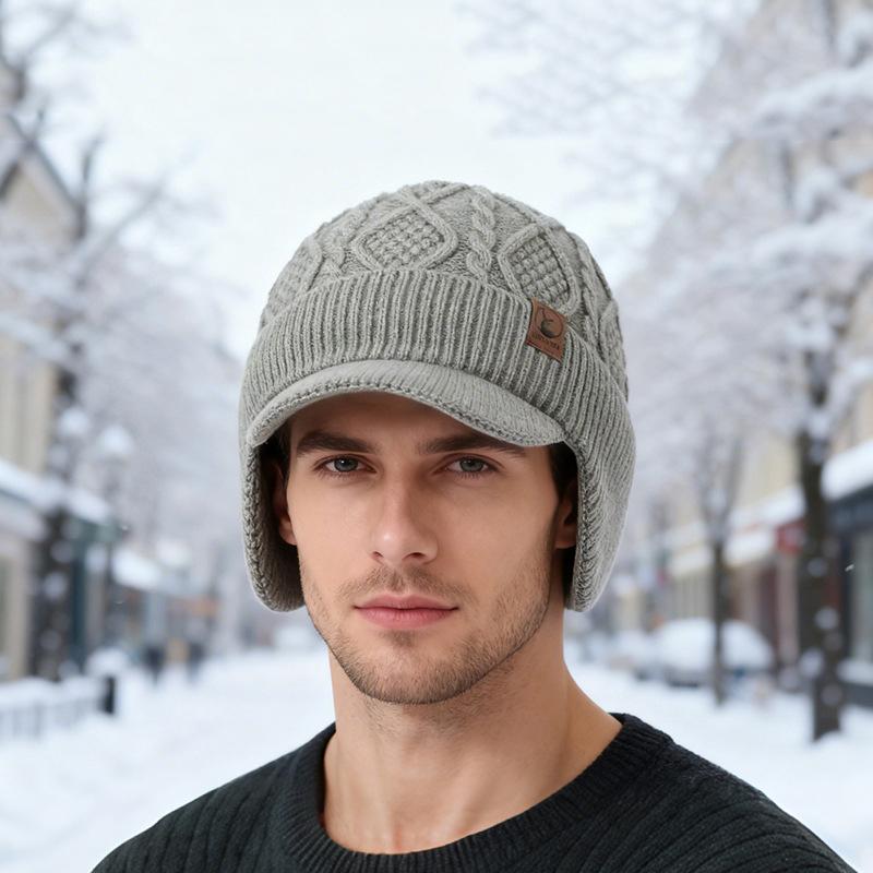 Fashion Men Winter Knitted Hat Plush Warmth Peaked Cap Earmuff Outdoor Casual Faux Fur Lined Bomber Hats Cycling Ear Protection