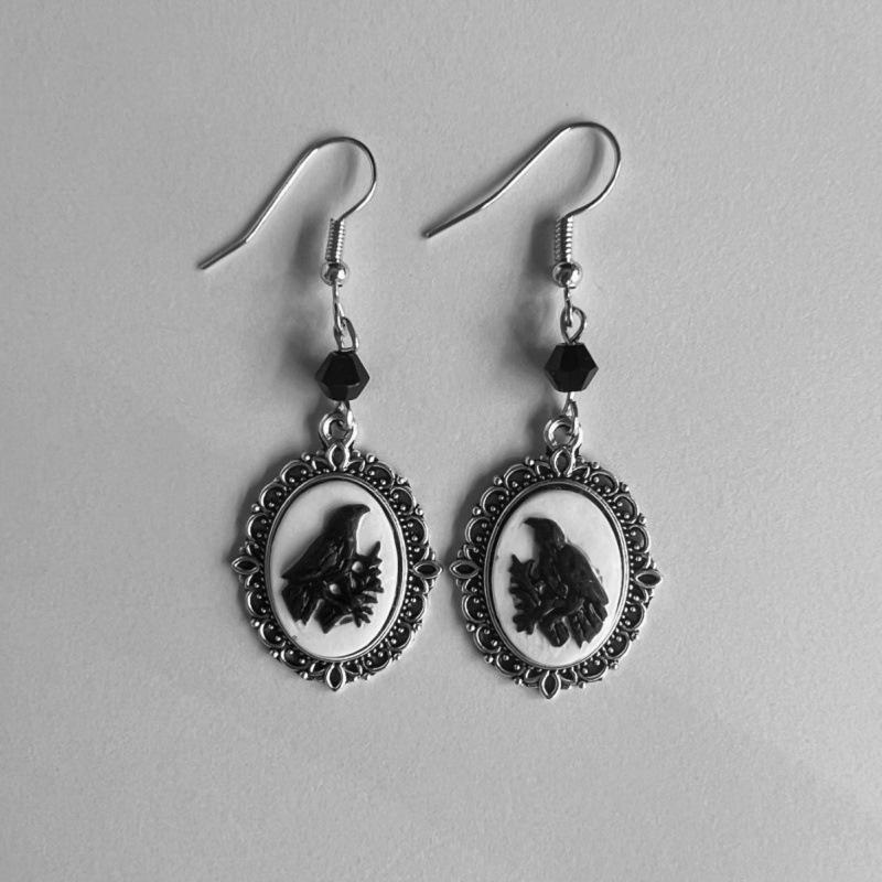 Gothic Black Cat Silver Frame Earrings with Black Beads