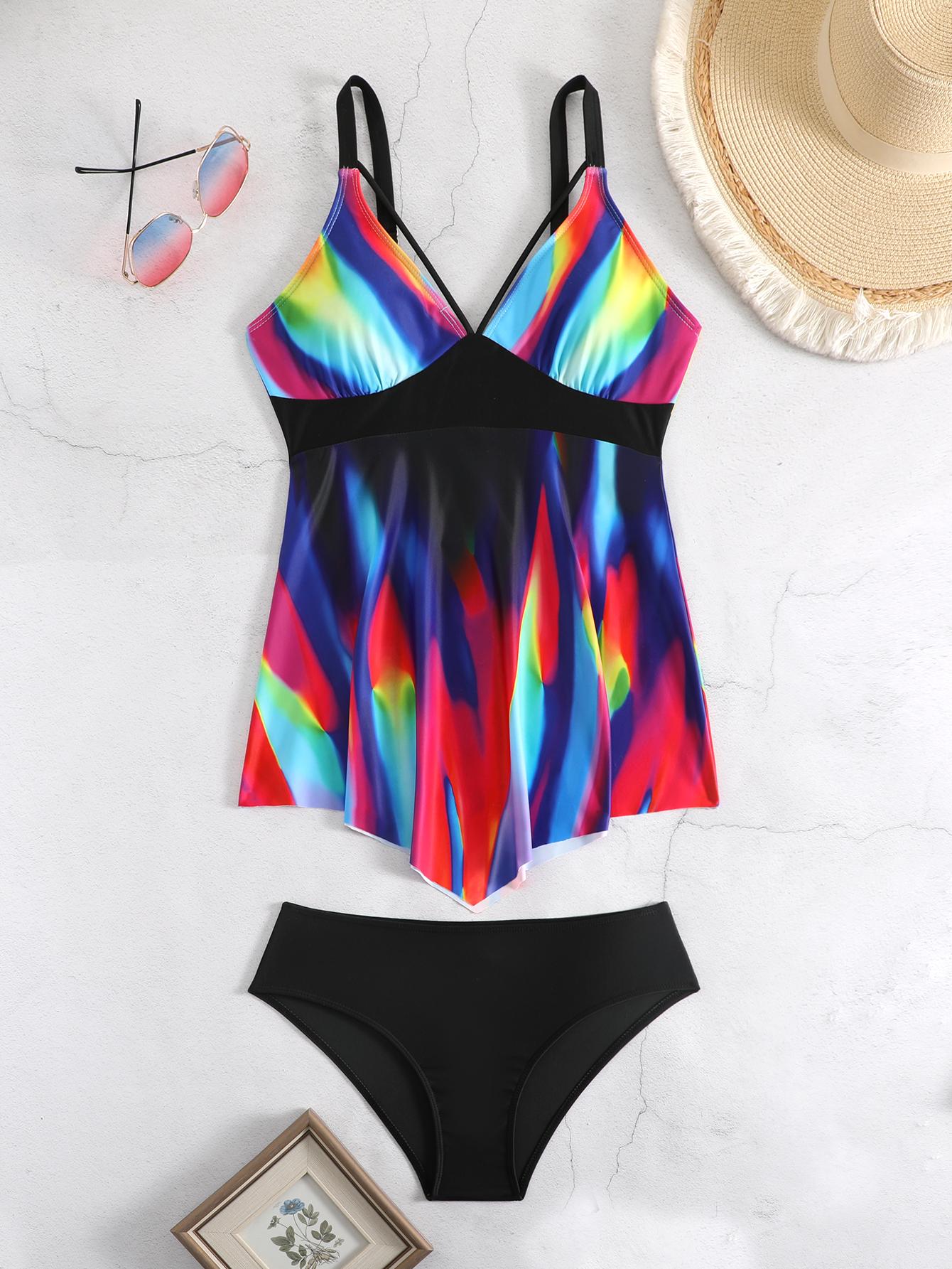 

Женский модный купальник из двух частей, мягкий купальник с открытой спиной, комплект купальников, большой размер, принт, танкини, купальный костюм 1XL разноцветный