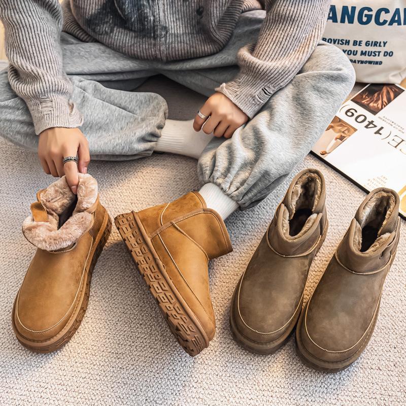 Mens soft elastic winter leather cowhide warm cold padded snow boots thick bottom non-slip wear-resistant outdoor leisure sports cotton boots