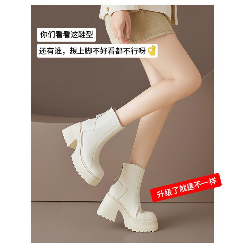 Martin Boots Women's Medium Tube New Small Thick-soled 10cm High Heels Autumn and Winter Velvet Thick Heel Short Boots Look Thin