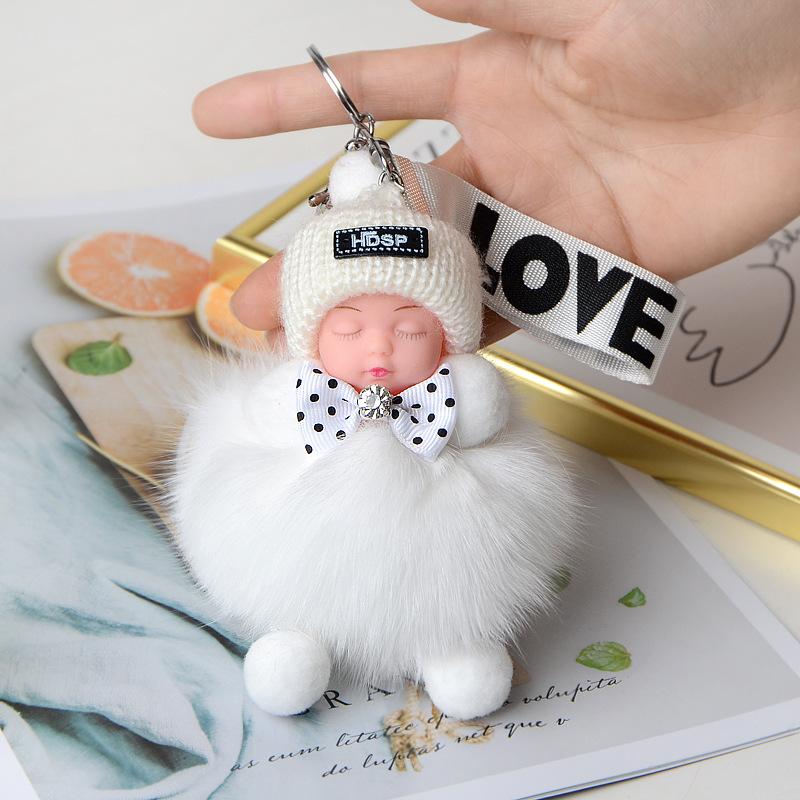 Pompom Sleeping Doll Keychain Cute Fluffy Plush Doll Keychains Women Girl Bags Keyrings Cars Key Ring Gift Charming Decoration