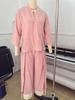 2026 Spring/Summer Cotton Linen Set: French V-neck 3/4 Sleeve Shirt & Color Block Wide-leg Pants