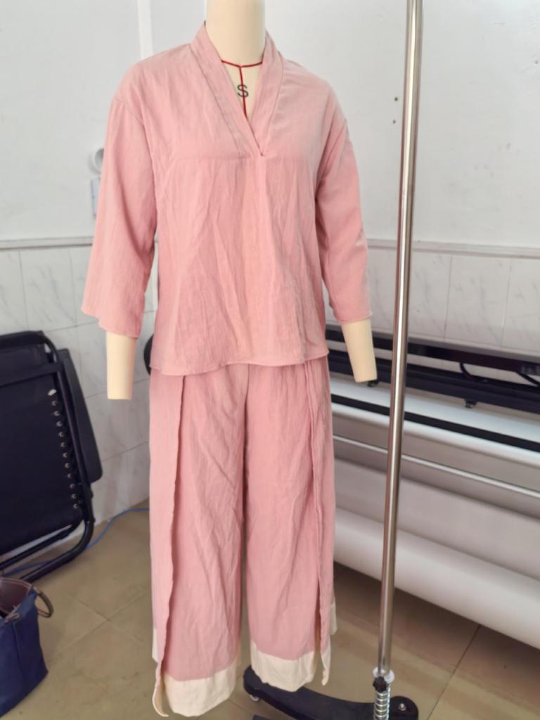 2026 Spring/Summer Cotton Linen Set: French V-neck 3/4 Sleeve Shirt & Color Block Wide-leg Pants