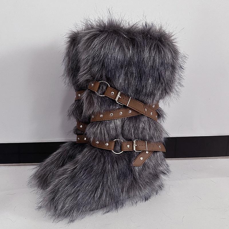 Damen Winterimitat Fuchsfell Stiefel Gürtel Punk Europäisch und Amerikanisch hoher Schaft 40 langer Schaft Schneestiefel Schuhe