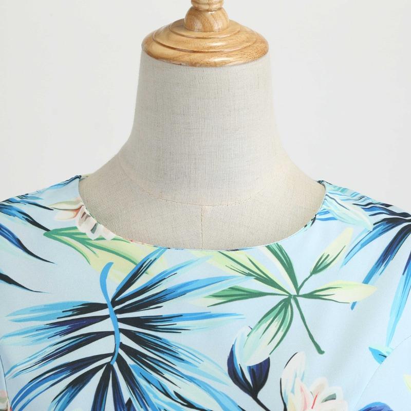 New Summer Retro Women's Crew Neck Bag Sleeve Printed Lace-Up Dress