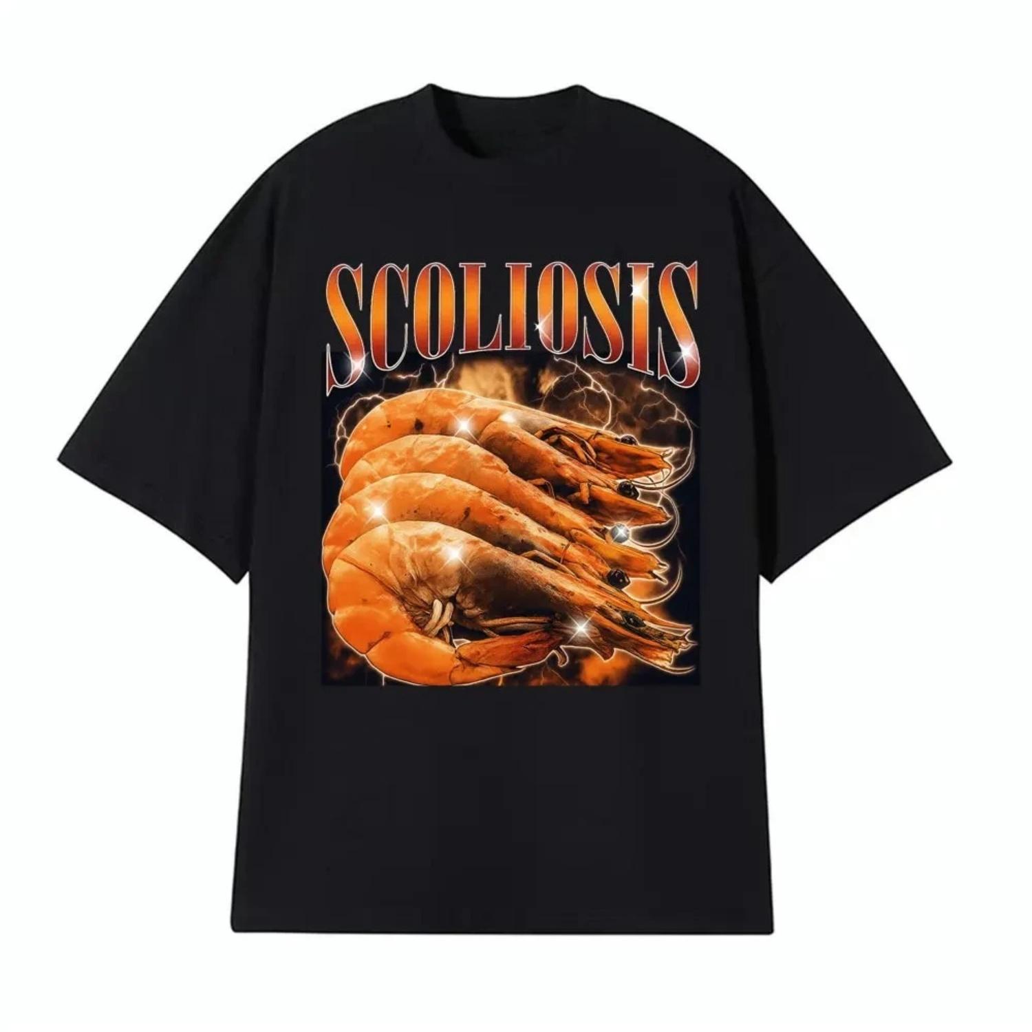 

Funny Shrimp Scoliosis Print T-Shirt Women Vintage Streetwear Short Sleeve Crew Neck Daily Basic Fashion Tee Top S чёрный