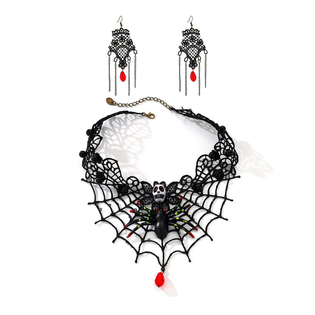 Halloween Skull Spider Lace Choker Necklace Dark Wind Fringed Earrings