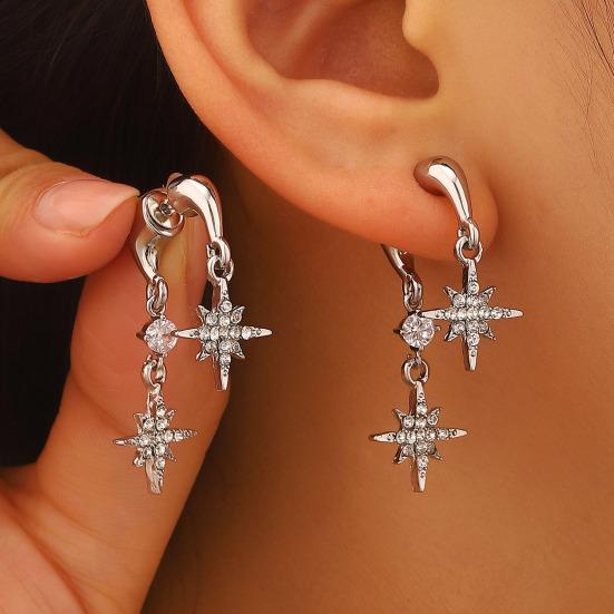 1 Paire Boucles d'Oreilles Femme Double Étoile à Huit Branches Pendentif Strass Incrusté Boucle d'Oreille à Tige Design Boucles d'Oreilles Pendantes Bijoux Cadeau