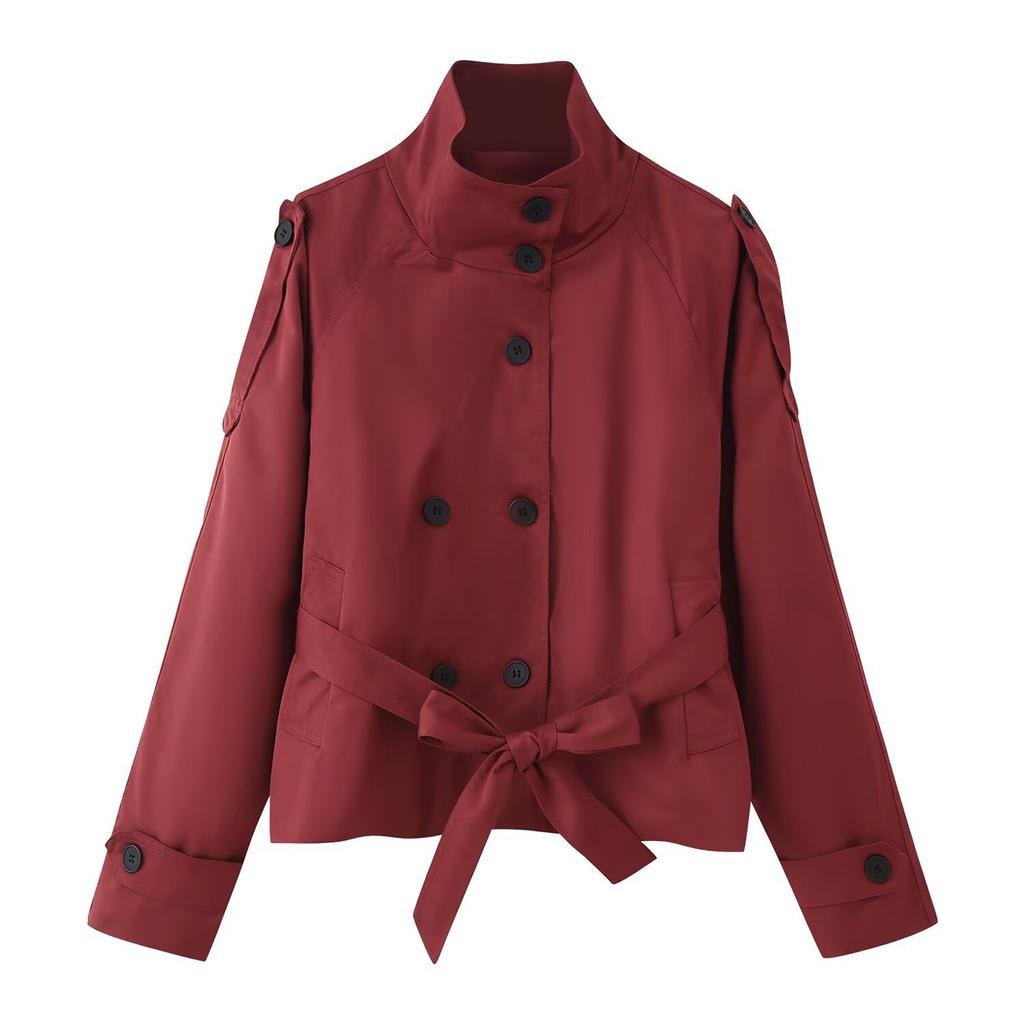 Women's Cropped Trench Coat Double Breasted Short Jacket High Collar Fall Winter Coats Trendy Outfit With Belt