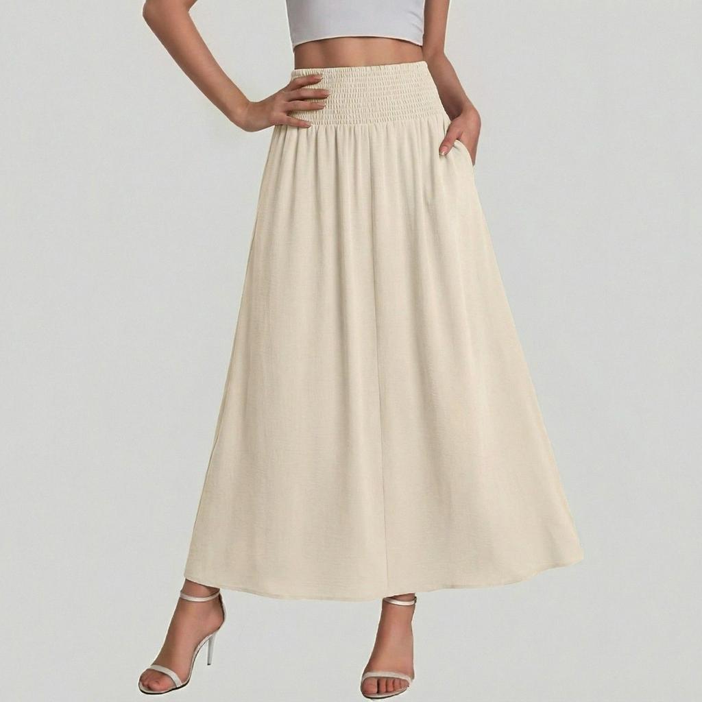 Women High Waist Loose A Line Maxi Skirt with Pockets Casual Solid Flared Elastic Waistband Long Skirt for Daily Wear