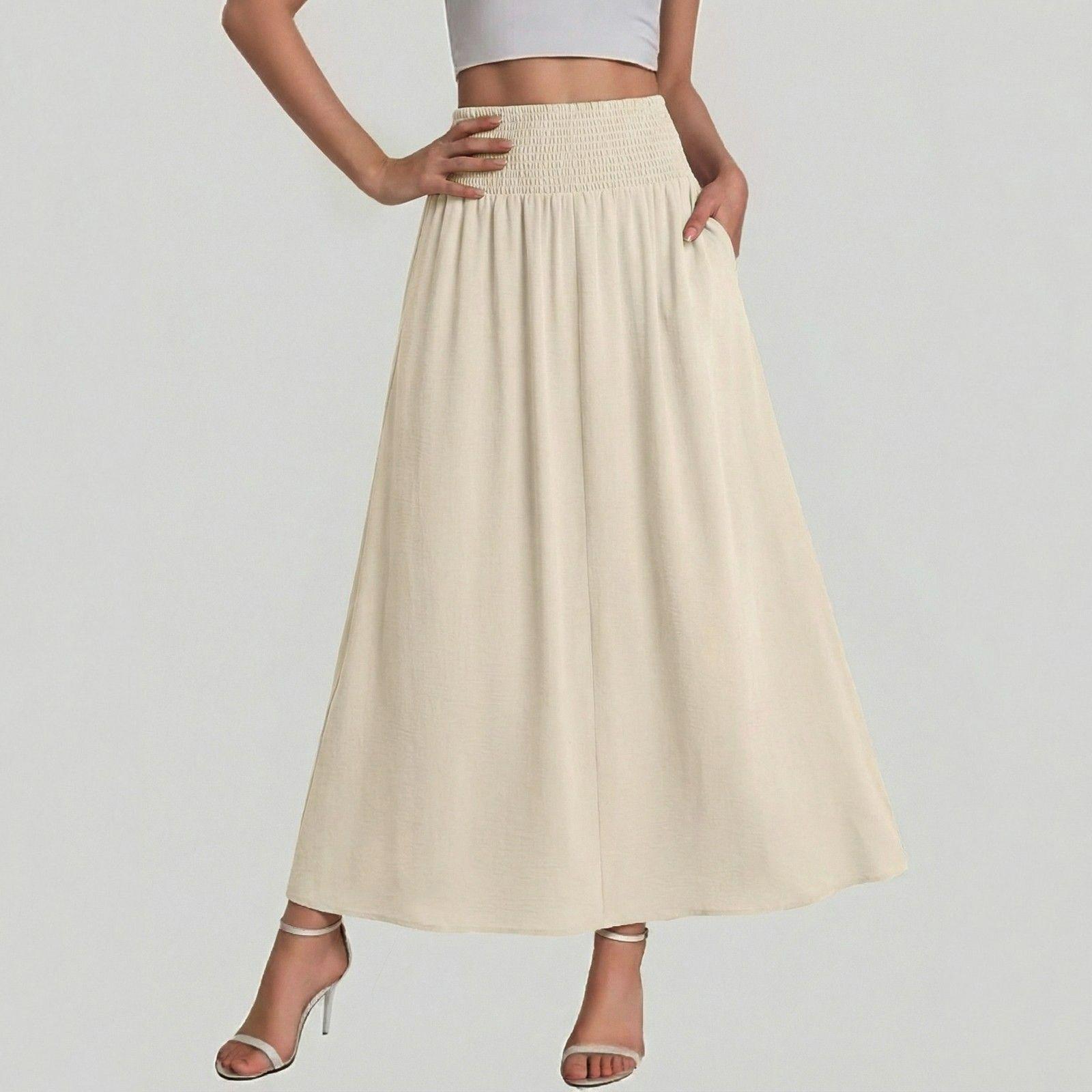 Women s Fashion Casual Color Pocket High Waist Loose Flared Midi Skirt M бежевый
