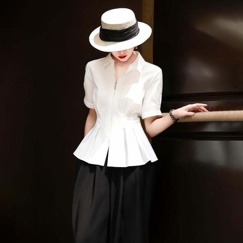 Lansere Women's Commuter Pleated A-Line Short Sleeve Lapel Shirt