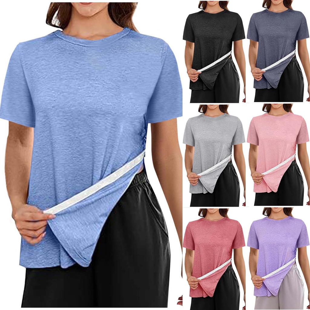 Women's Short Sleeve T,Shirt With Side Seam Adjusting Buckles Round Neck Casual Loose Fit Top