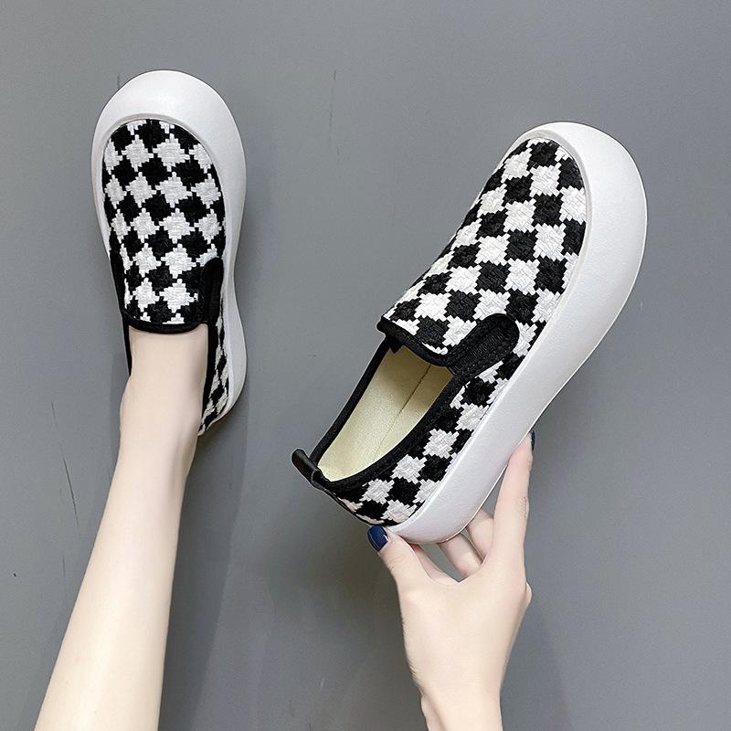 Vintage Platform Canvas Shoes Women's Plaid Woven Single Shoes Lazy Muffin