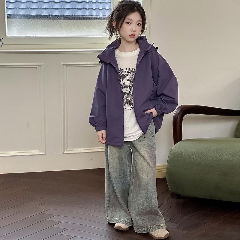 Girls' Sporty Hooded Windbreaker - Embroidered, Big Kids' Jacket for Autumn & Spring