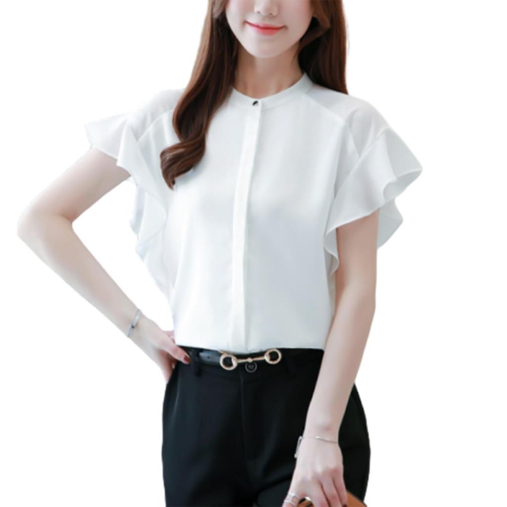 ORWZDCO Chiffon Blouse with Ruffled Solid Round Open Loose Perfect for the and Summer Women's Sleeves, Color, Neck, Front, Sheer, Fit, Flattering,
