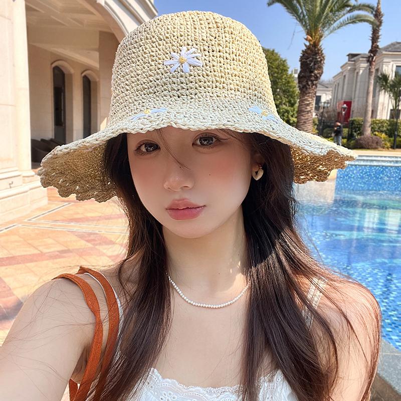Summer Crochet Straw Hat For Women Sweet Flower Embroidered Bucket Foldable UV Protection Beach Panama Sunshade Caps
