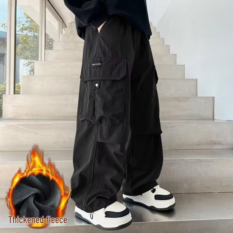 Boys' Thickened Fleece Sweatpants: Autumn/Winter Straight-Leg Warm Casual Pants for Ages 7-14