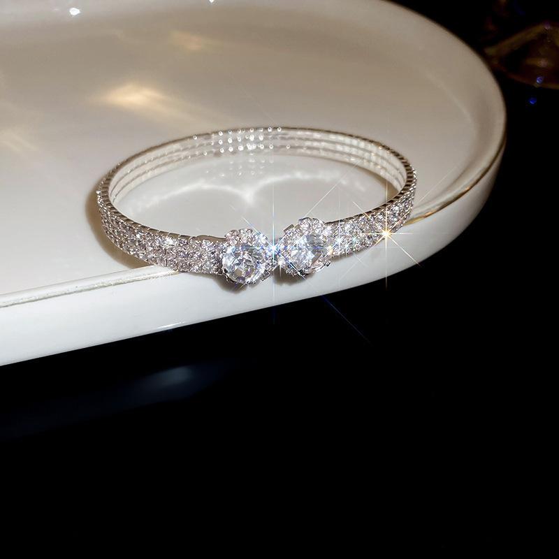 Inlaid Zircon Geometric Open Bangle - Elegant, High-End Design for Versatile Women's Fashion