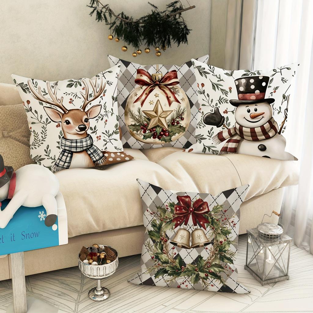 Christmas Decoration Pillowcase Garland Bell Snowman Fawn Pattern Suitable for Home Room Sofa Cushion Cover Holiday Gift