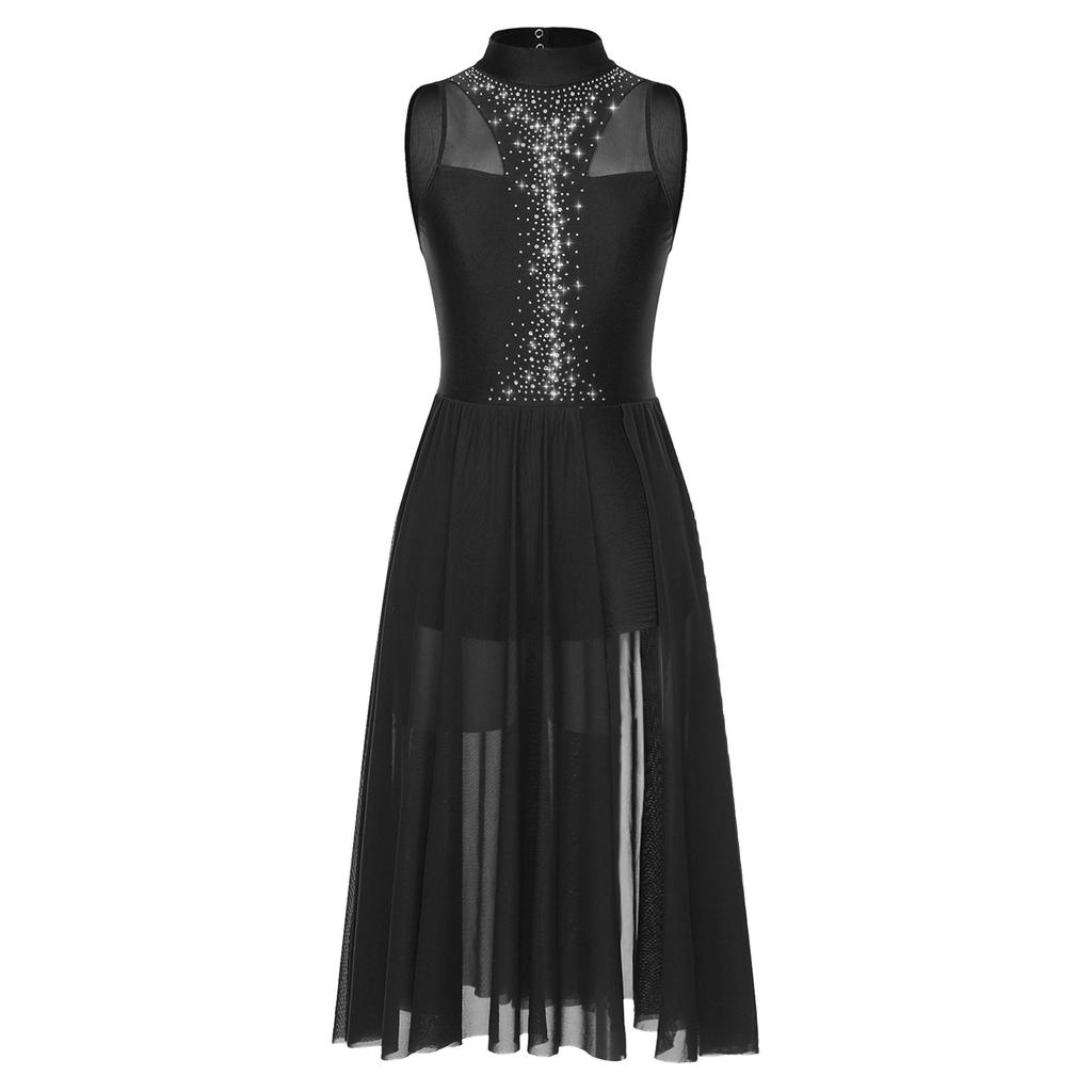 Damen Funkelndes Strass-Ärmelloses Kleid Mit Stehkragen Schlüsselloch am Rücken Seitenschlitz Performance Tanzkostüm