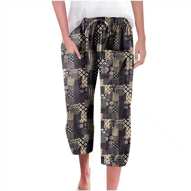 Women’s casual printed cotton-linen beach trousers with drawstrings at the ankles S чёрный