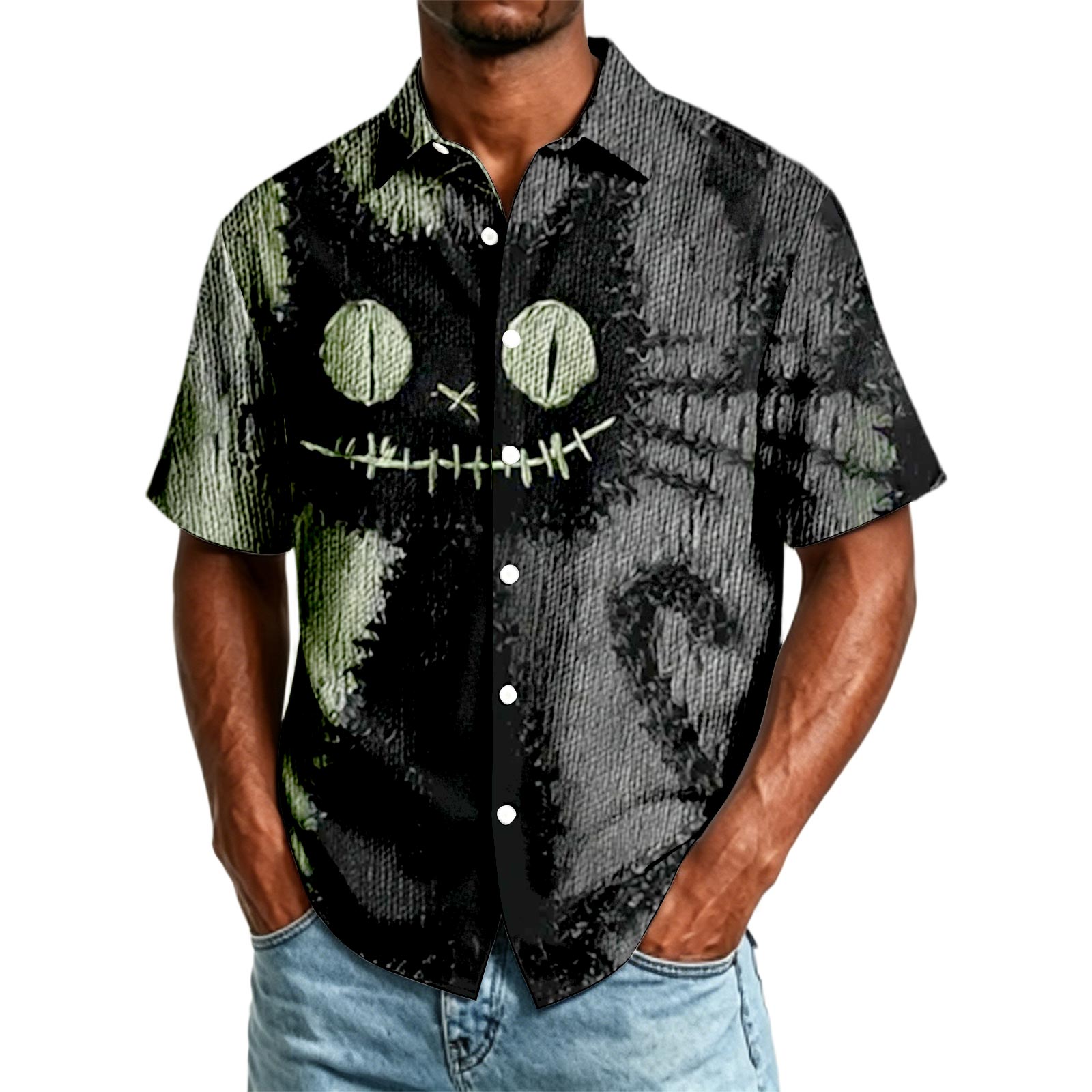 Men s Casual Short Sleeve Halloween Printed Shirt XXXXXL чёрный