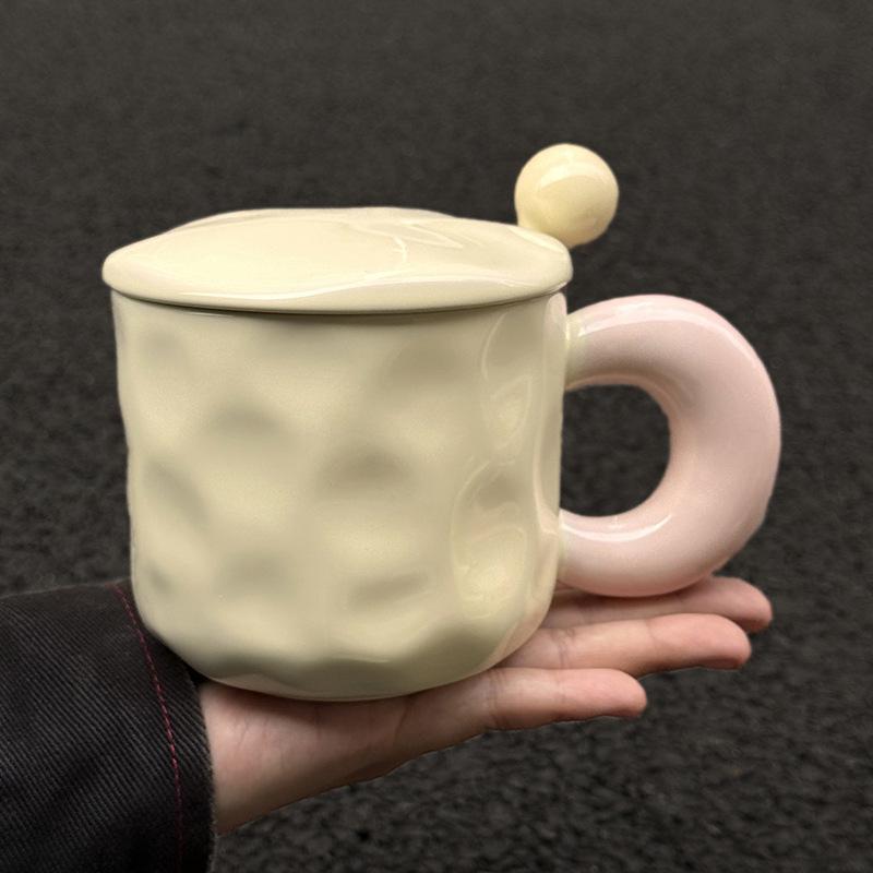 Fufu Contrasting Color Mug with Lid Spoon Birthday Gift for Girls Best Friend Practical Water Cup Ceramic Souvenir