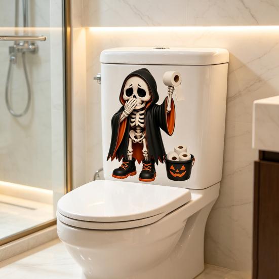 Waterproof PVC Toilet Art Halloween Skeleton Sticker, Funny Pooping Lid Decal, Dark Humor Decal Adhesive Bathroom Sticker for Tank, Holiday Home Decor