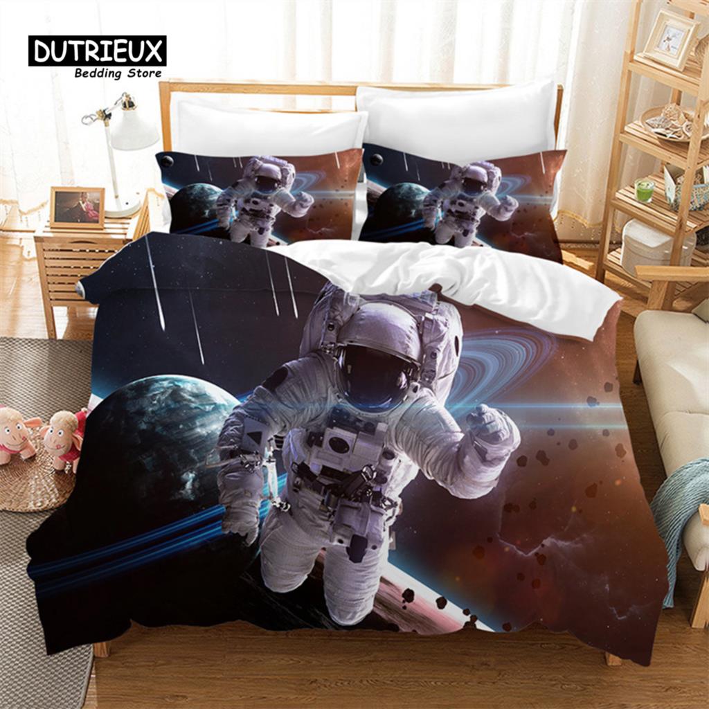 Cartoon Astronaut Duvet Cover King For Boys Girl Galaxy Space Bedding Set Microfiber Rocket Ship Space Adventure Comforter Cover