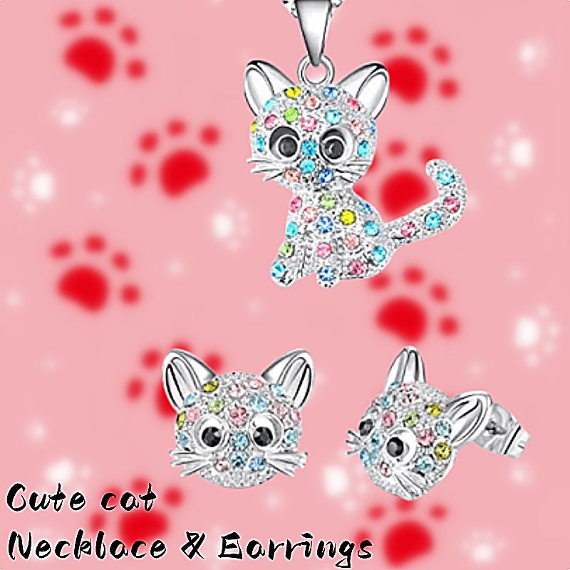 Cat Gifts for Girls Cat Necklace and Cat Earrings Set Little Girls Jewelry for Cat Lover Daughter Granddaughter, for Teenager