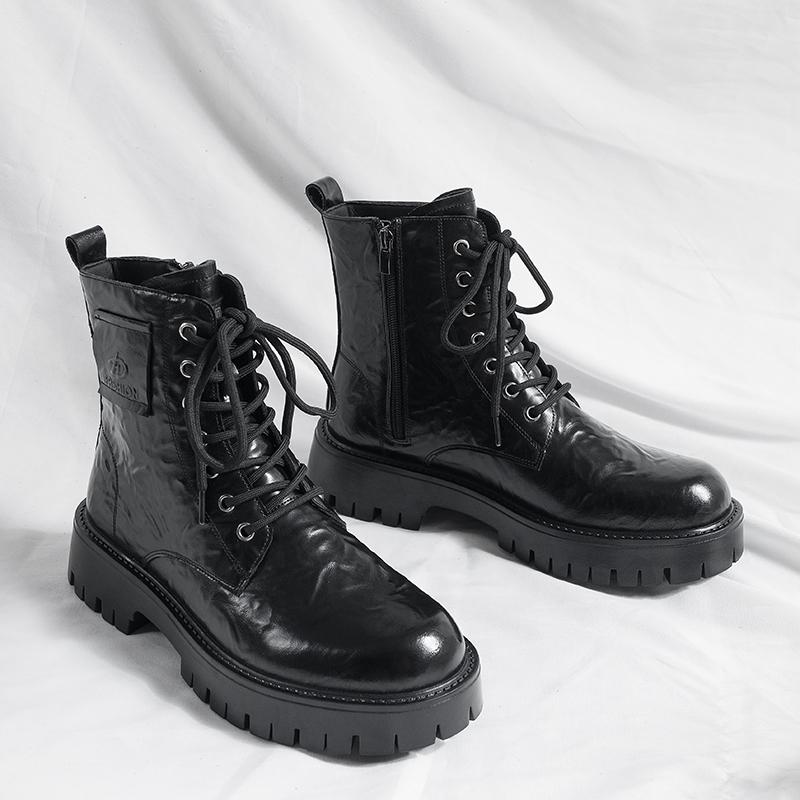 Thick Bottom Mens Mid-Calf Boots Lace Up High Top Genuine Leather Motorcycle Boots Stylish Outdoor Casual Footwear Leisure Walk