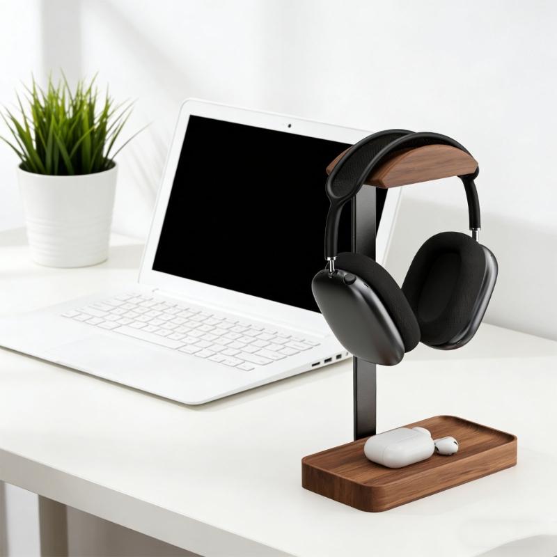 Supporto premium in legno per cuffie con vassoio portaoggetti per dispositivi wireless e altre cuffie