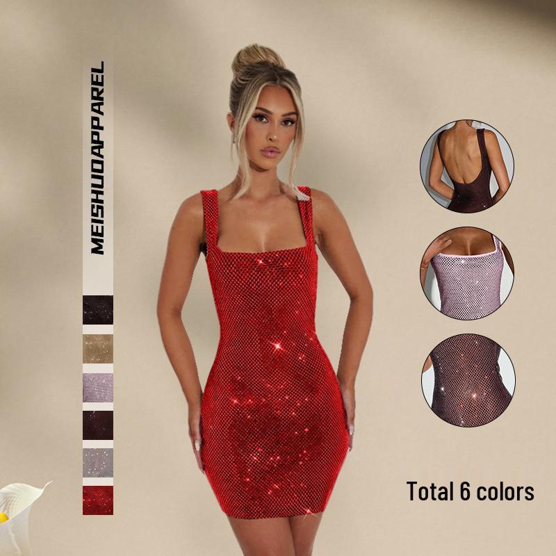 Women's Winter 2024 Rhinestone Backless Dress with Spaghetti Straps - Solid Color, Sexy & Sleeveless, Waist-Hugging Design