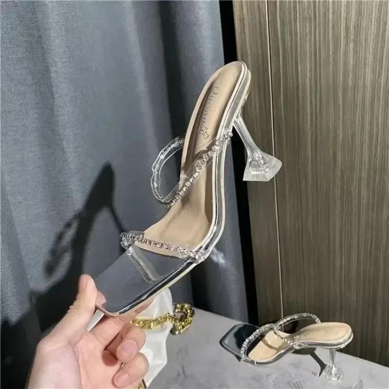 2025New Summer Sexy Fashion Open Toe Women's Sandals Water Diamond Shining Square Headed Banquet  High Heels Large Design