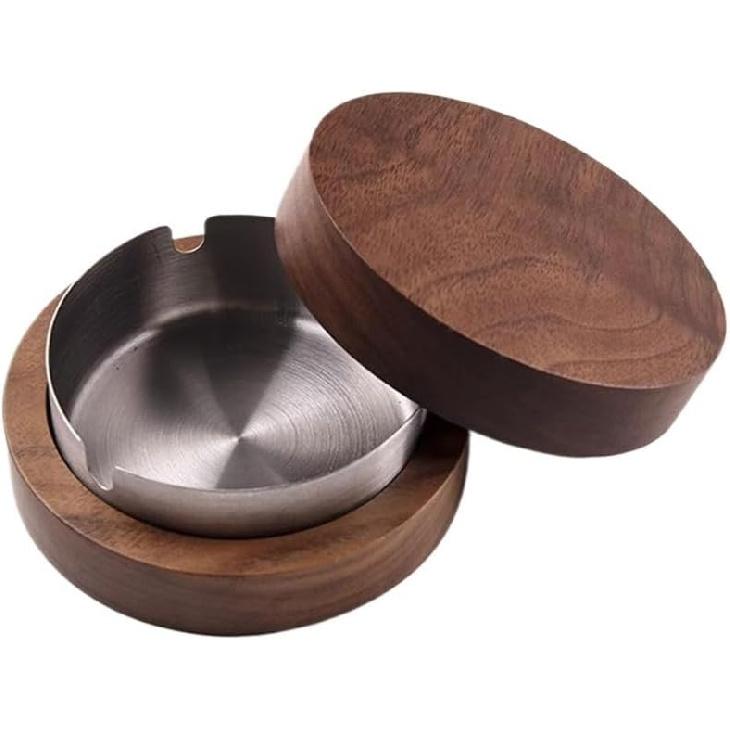 Ash Tray Walnut Wood Ashtray Detachable Stainless Steel Ashtray Round Portable Ashtray for Indoor and Outdoor Home Office Garden Etc Ash Trays