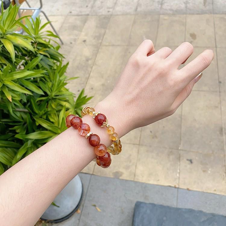 Golden Rutilated Quartz & Blood Red Glue Flower Bracelet: High-End Crystal for Wealth & Luck