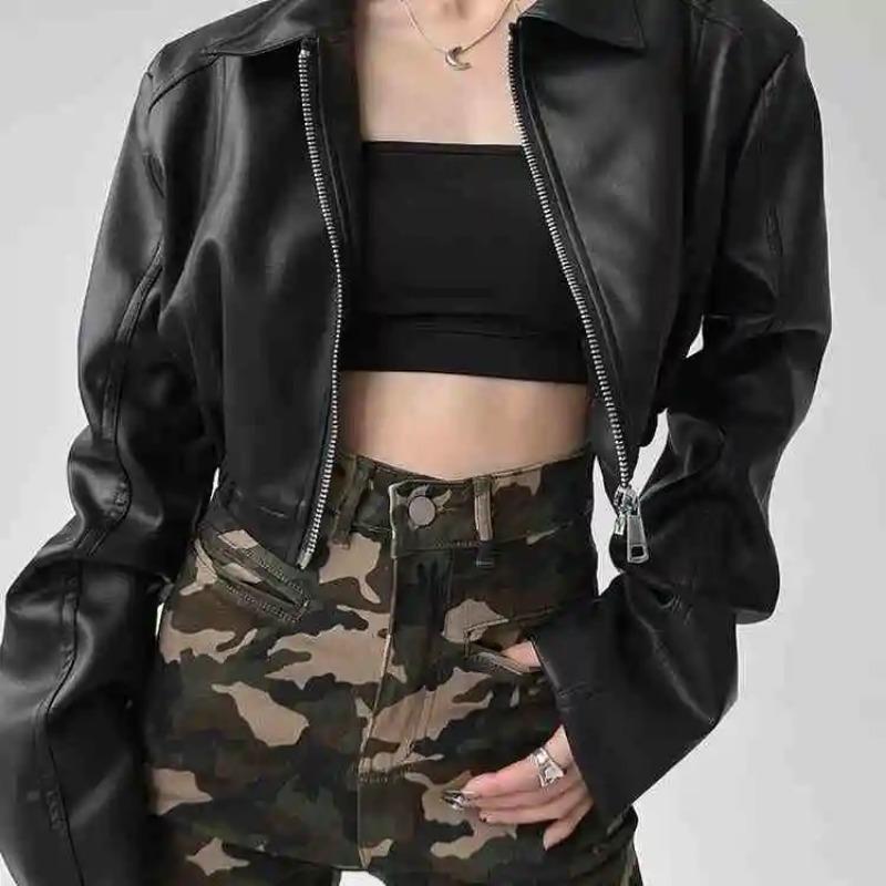 

Women s Faux Leather Cropped Jacket Double Zipper Lapel Oversized Casual Streetwear Coat S чёрный