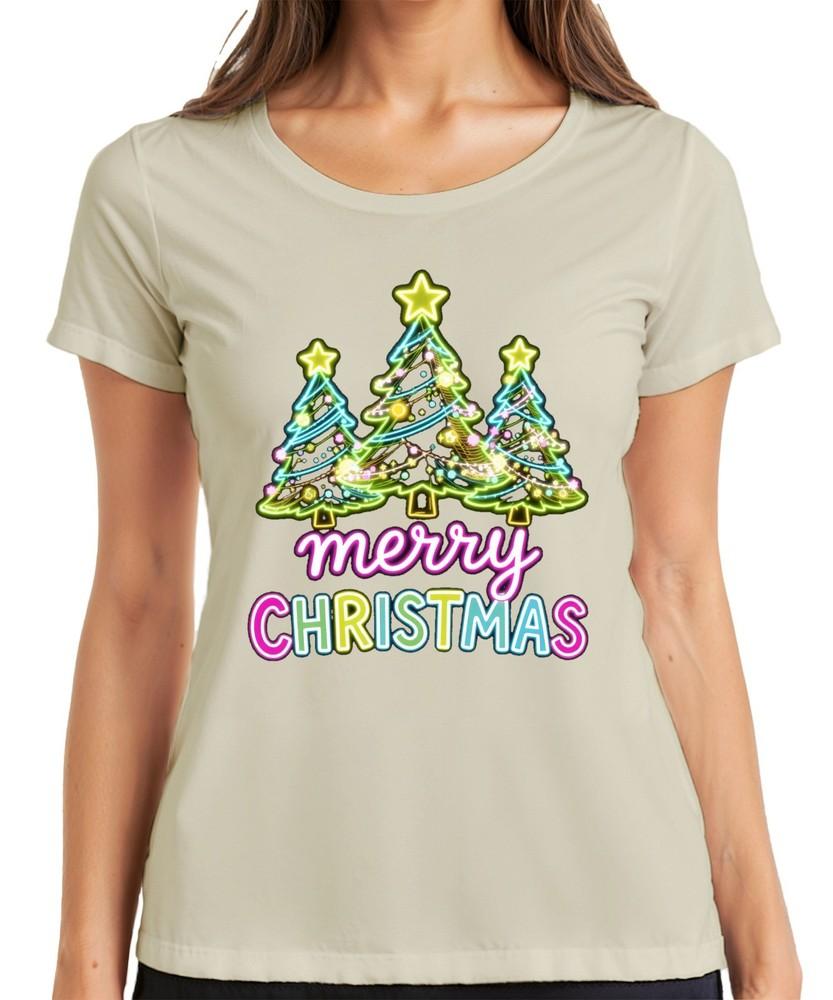 Merry Christmas Neon Christmas Trees Light Up Font Retro Gift Ladies TShirt