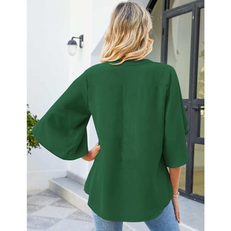 Summer V-neck Loose Casual Office Women Blouse Elegant Petal Short Sleeve Ruffled Chiffon Top Fashion Female Solid Color Simple Shirts Women Vlothing