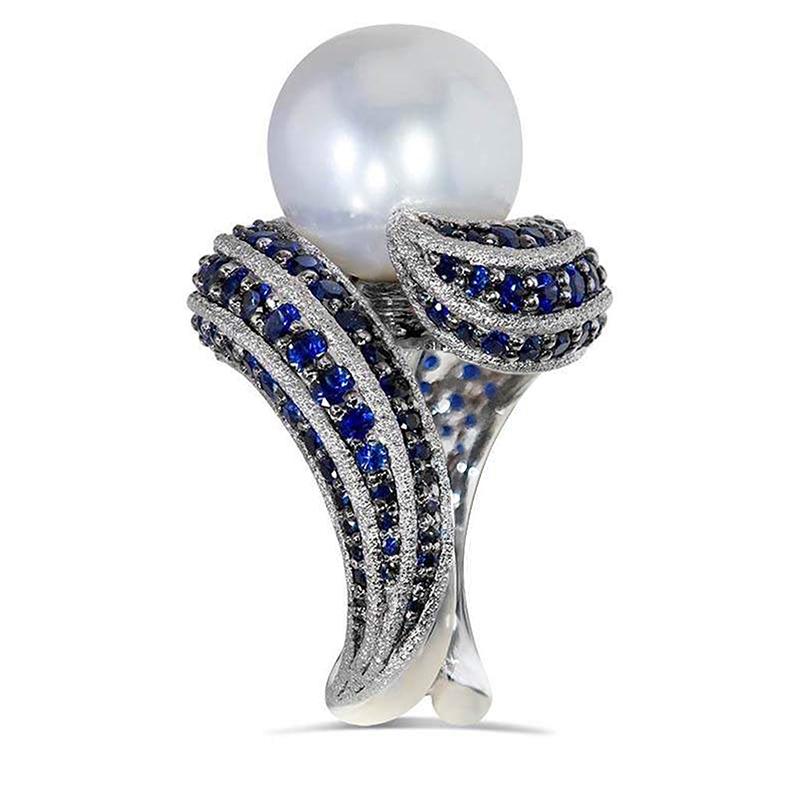 Newly-Designed Luxury Party Ring for Women Gorgeous Bright Blue CZ Jewelry Simulated Pearl Accessories for Anniversary