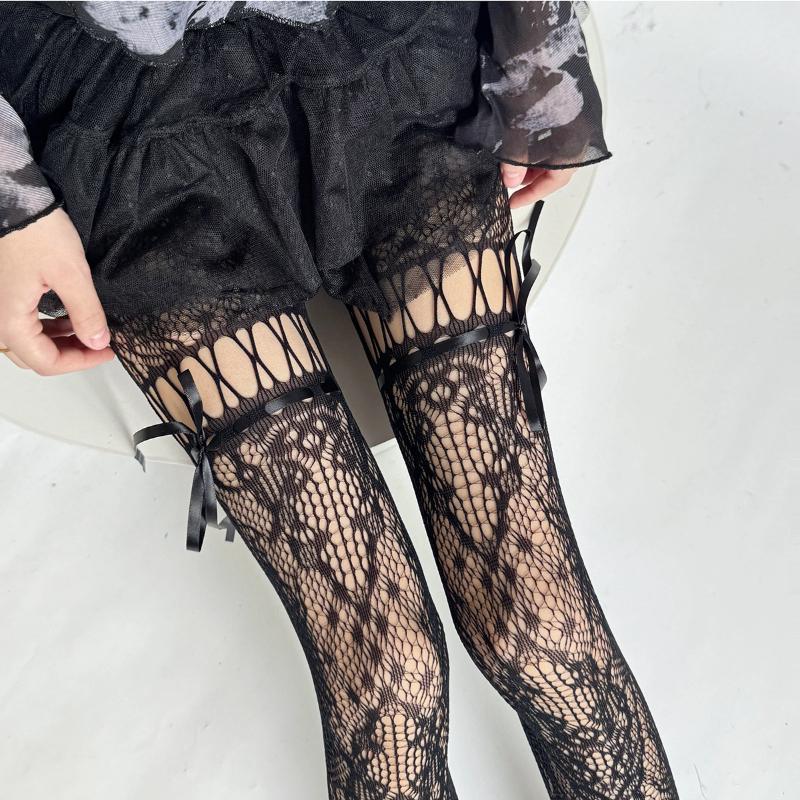 New Design Beige Tights Women Sexy See Through Mesh Sheer Fishnet Stockings Jk Uniform Bow Tie Strap Lace Bottoming Pantyhose
