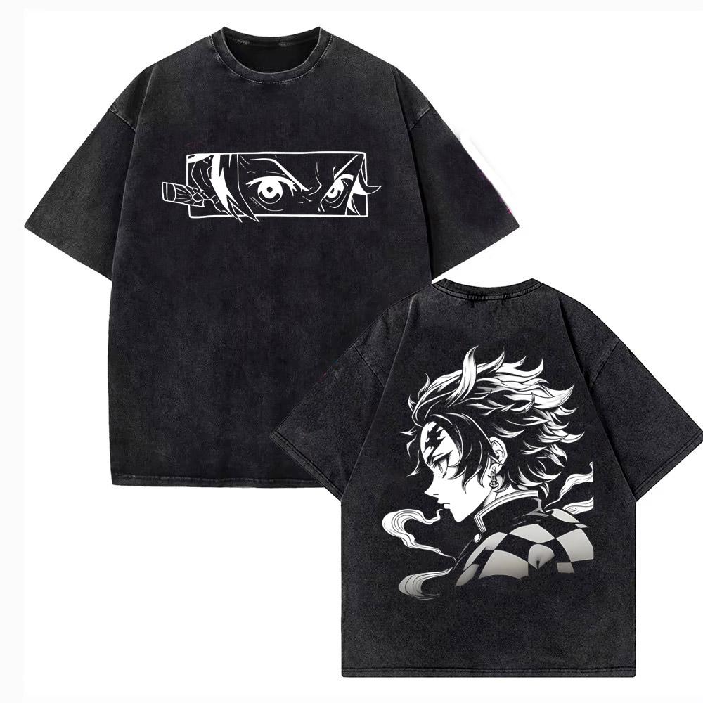 Demon Slayer Blade Charcoal Jiro Extra Large Retro Washed Mens Tshirt Summer New Style Suitable for Both Men and Women