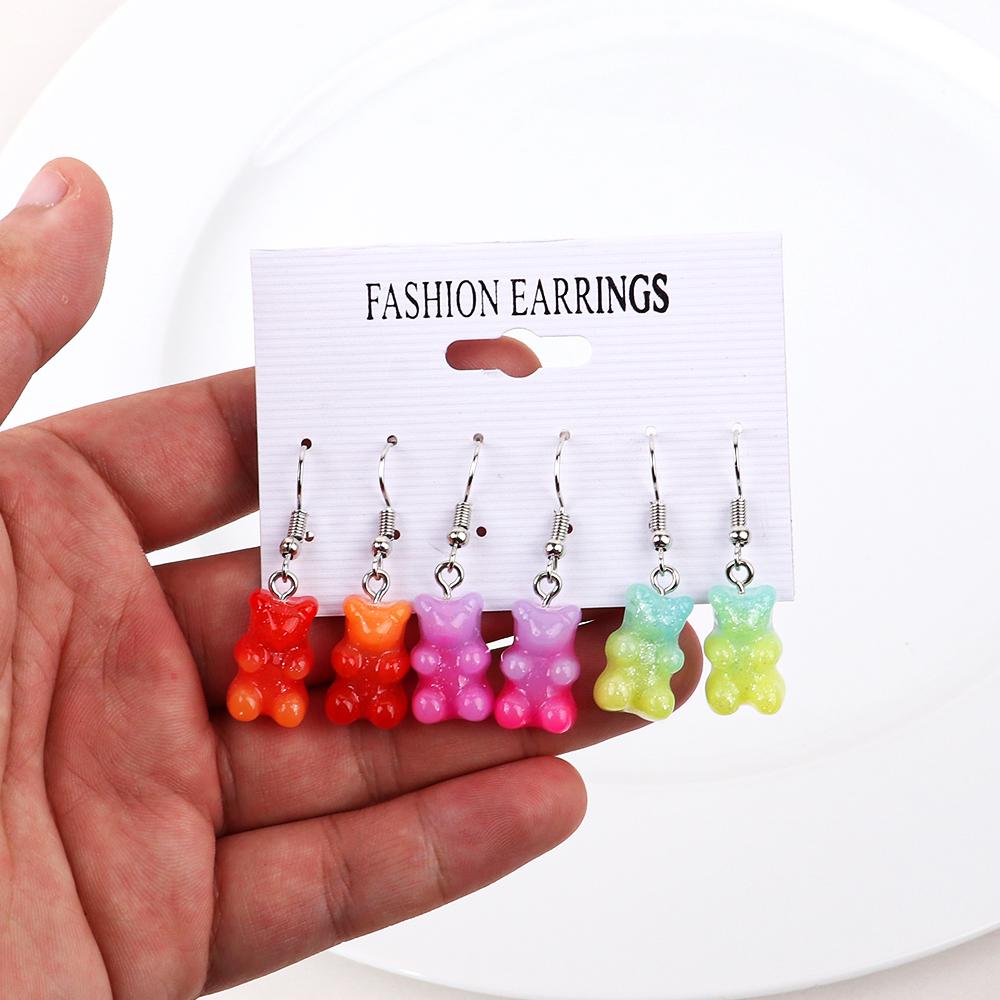 3 Pairs/Set Candy Color Acrylic Gummy Bear Drop Earrings for Women Korean Transparent Resin Jelly Bears Earring Sets Y2k Jewelry