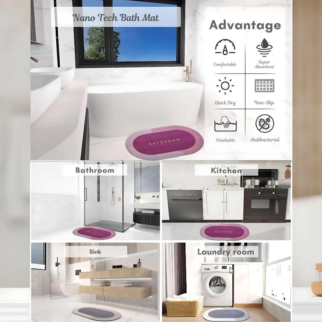 Pack of 2 Quick-Dry Anti-Slip Bathroom Mat | Non-Slip Rectangular Doormat | Bathroom Print Water-Absorbing Rubber Mat for Bathroom, Kitchen, Office