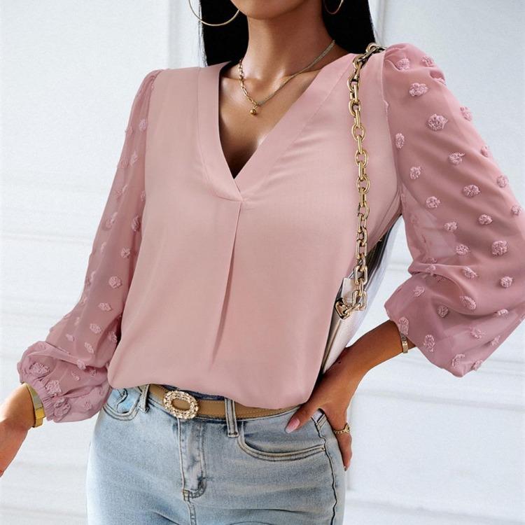 Elegantní podzimní ležérní dámská halenka s dlouhým rukávem, výstřihem do V, jednobarevná, volná, pro dojíždění